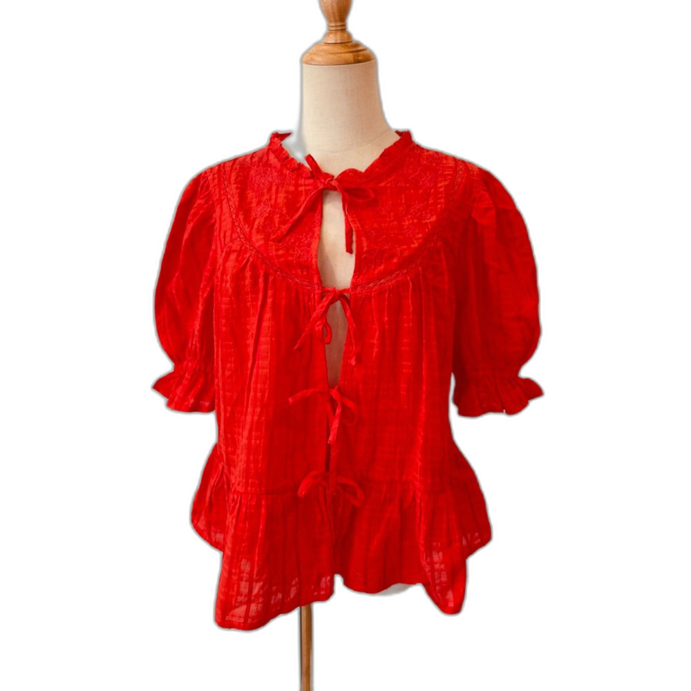 Per Una M&S Orange Embroidered Tie Front Blouse Puff Sleeve US 8 NWT